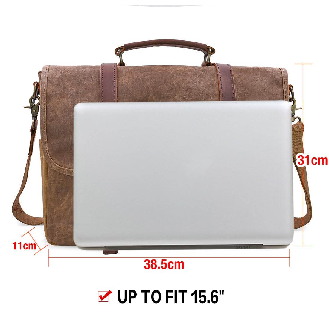 Mens Messenger Bag 15.6 Inch Waterproof Vintage Genuine Leather Waxed Canvas Briefcase Large Leather Computer Laptop Bag Rugged Satchel Shoulder Bag, Brown