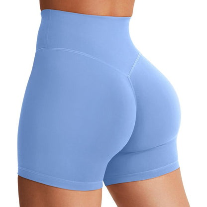 YEOREO Women's Biker Shorts 4.5" / 6" Workout Gym Shorts Craze High Waist Tummy Control Hidden Scrunch Running Yoga Light Blue M