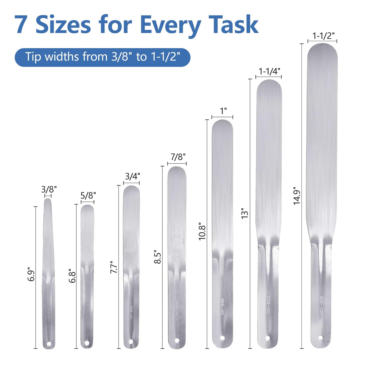 7-Piece Stainless Steel Caulking Tool Kit, Multi-Purpose Caulking Spatula Set, 958-g01 Streamline Caulk Spatula Tools, Professional Caulk Knife Set, Tip Widths from 3/8'' to 1-1/2'' with Hang Holes