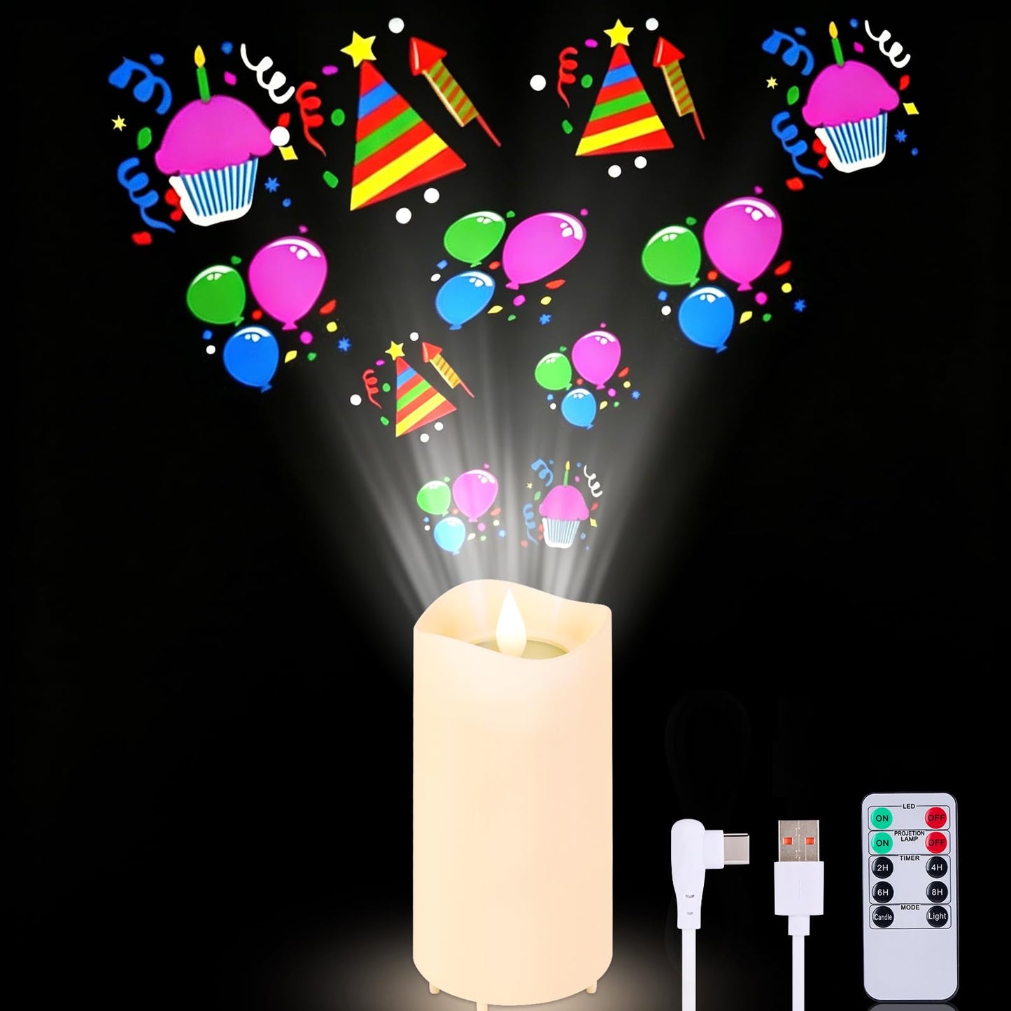 IMAGE Flameless Candles Light, Night Light with Projector, Battery/USB-C LED Candle Indoor Light Gift for Christmas Halloween Birthday Wedding Easter Home Decor, 6 Slides, Remote & Timer