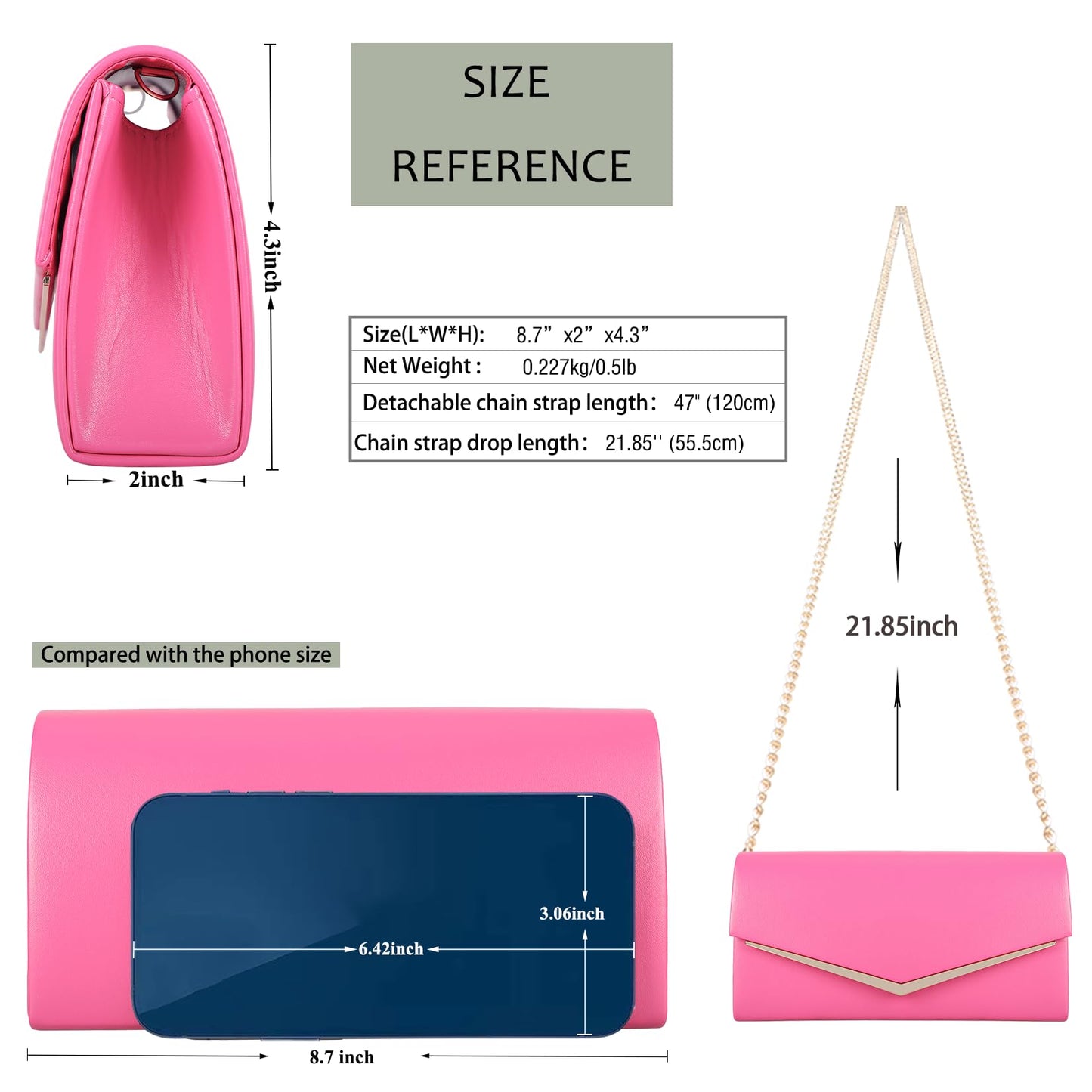 Women’s Evening Handbag Vegan Leather Ladies Envelope Clutch Classic Elegant Purse Bags Hot Pink