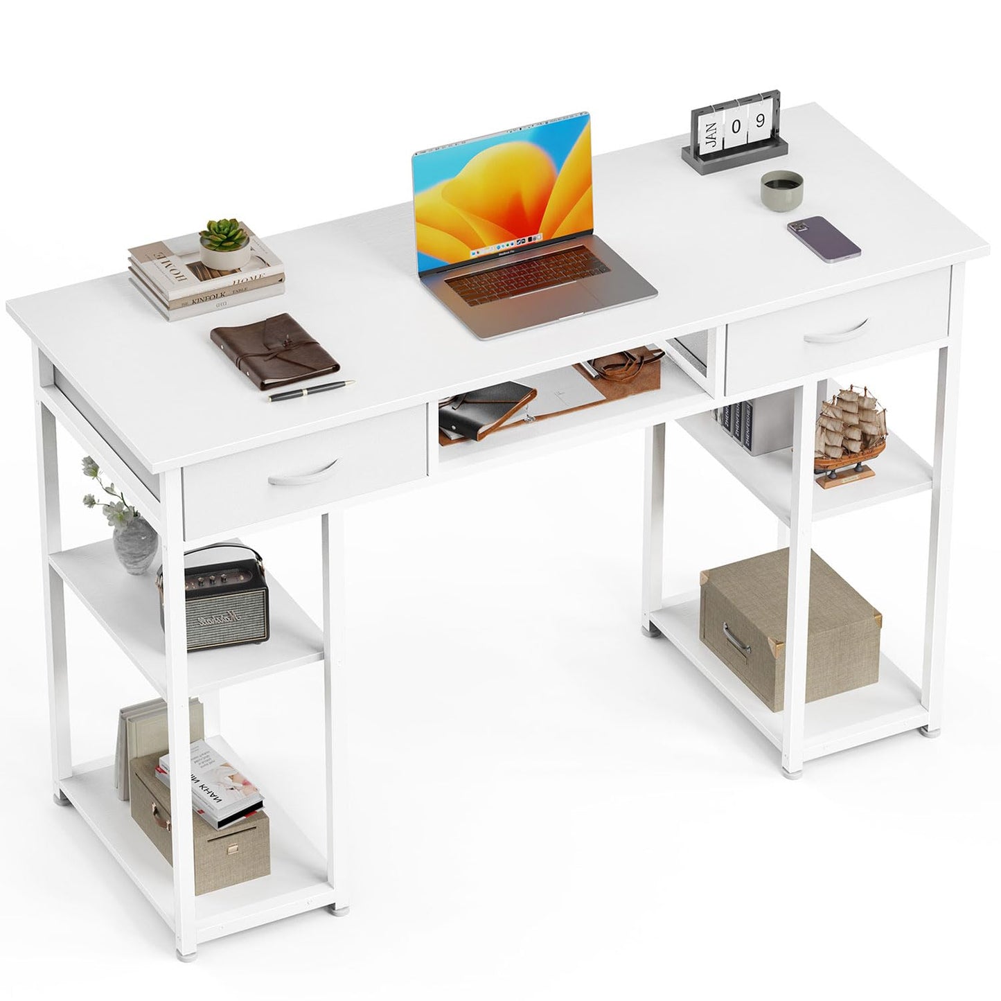 UOCFYK 47 Inch Computer Desk with 2 Drawers, Home Office Desk with Wooden Shelves, Study Writing PC Table for Small Spaces, Bedroom, Dorm or Living Room, White