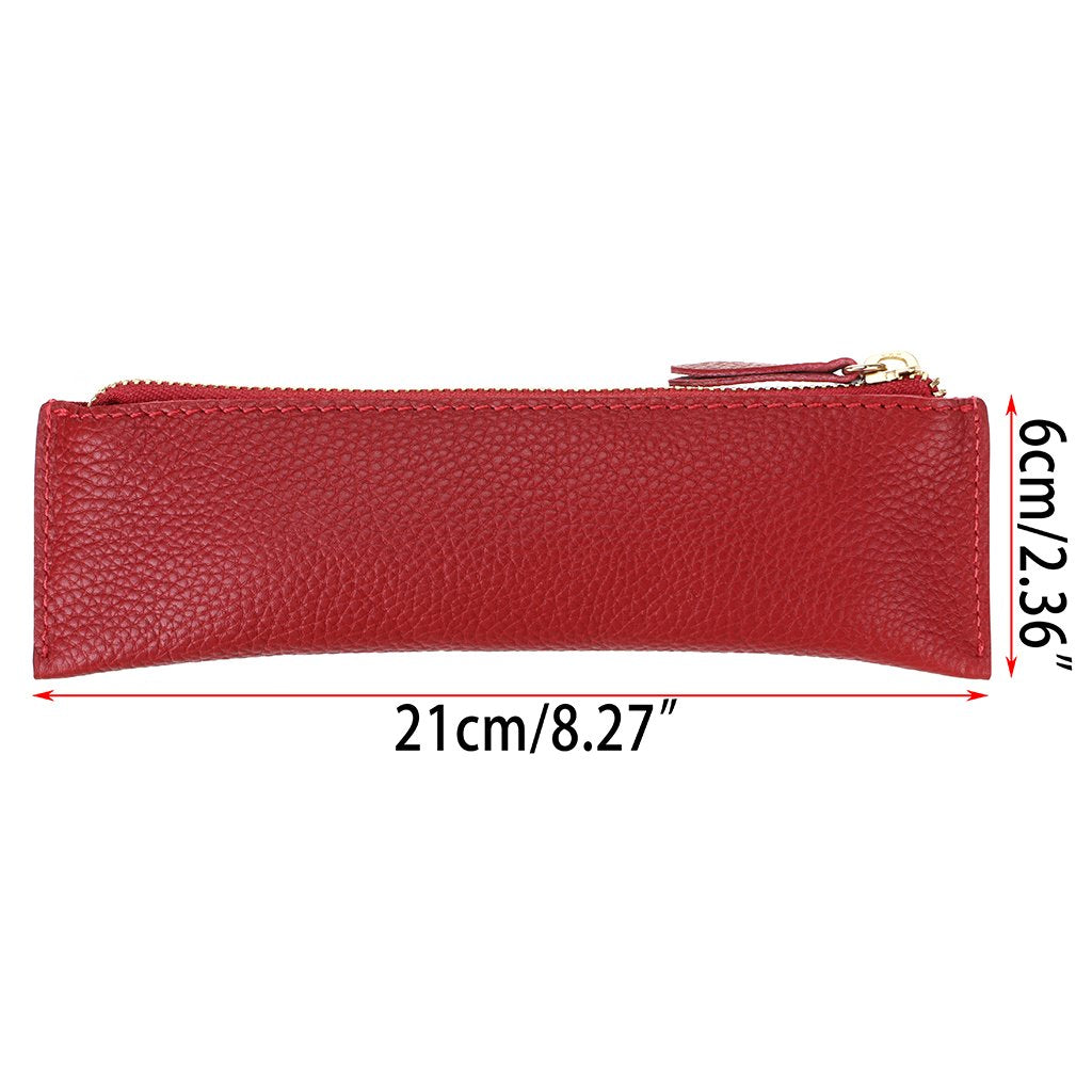 BTSKY Genuine Leather Pencil Case - Zippered Pen Case Stationery Bag Zipper Pouch Pencil Holder (Red)