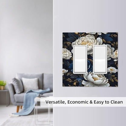 White Gold Blue Flower Dual Outlet Covers Wall Plate 2 Gang Rocker Decora Decorative Switchplate Electrical Faceplate GFCI Light Switch Covers for Farmhouse Living Decor