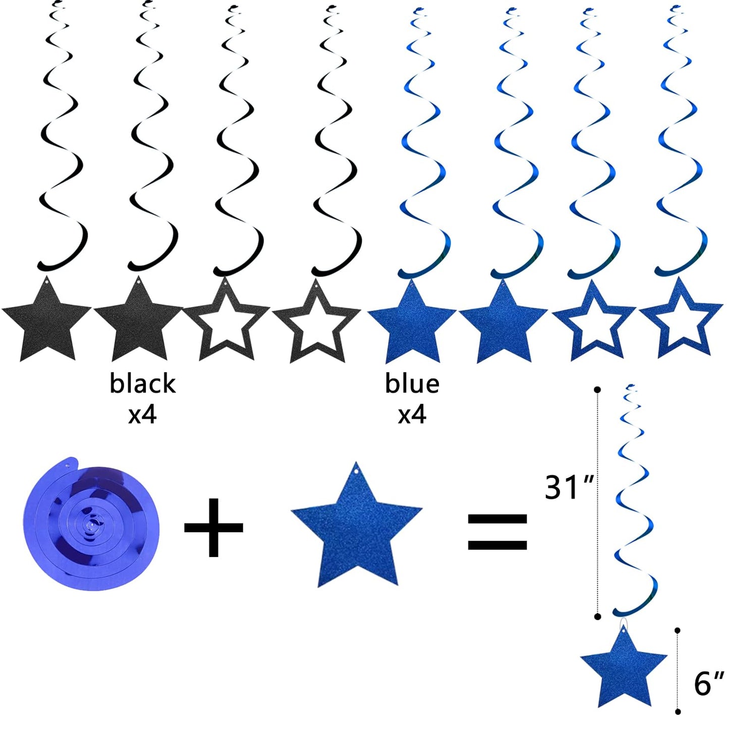 Black Blue Birthday Decorations, Black & Blue Happy Birthday Banner Honeycomb Balls Circle Garland Triangle Banner Stars Hanging Swirl Decoration Kit for HBD‌ Party Decorations