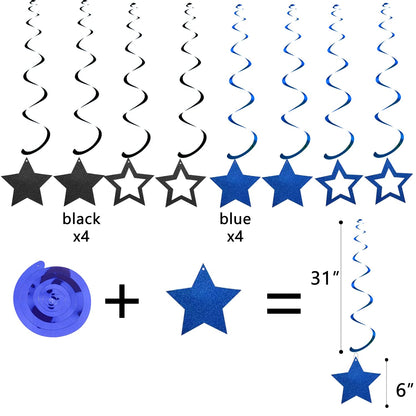 Black Blue Birthday Decorations, Black & Blue Happy Birthday Banner Honeycomb Balls Circle Garland Triangle Banner Stars Hanging Swirl Decoration Kit for HBD‌ Party Decorations