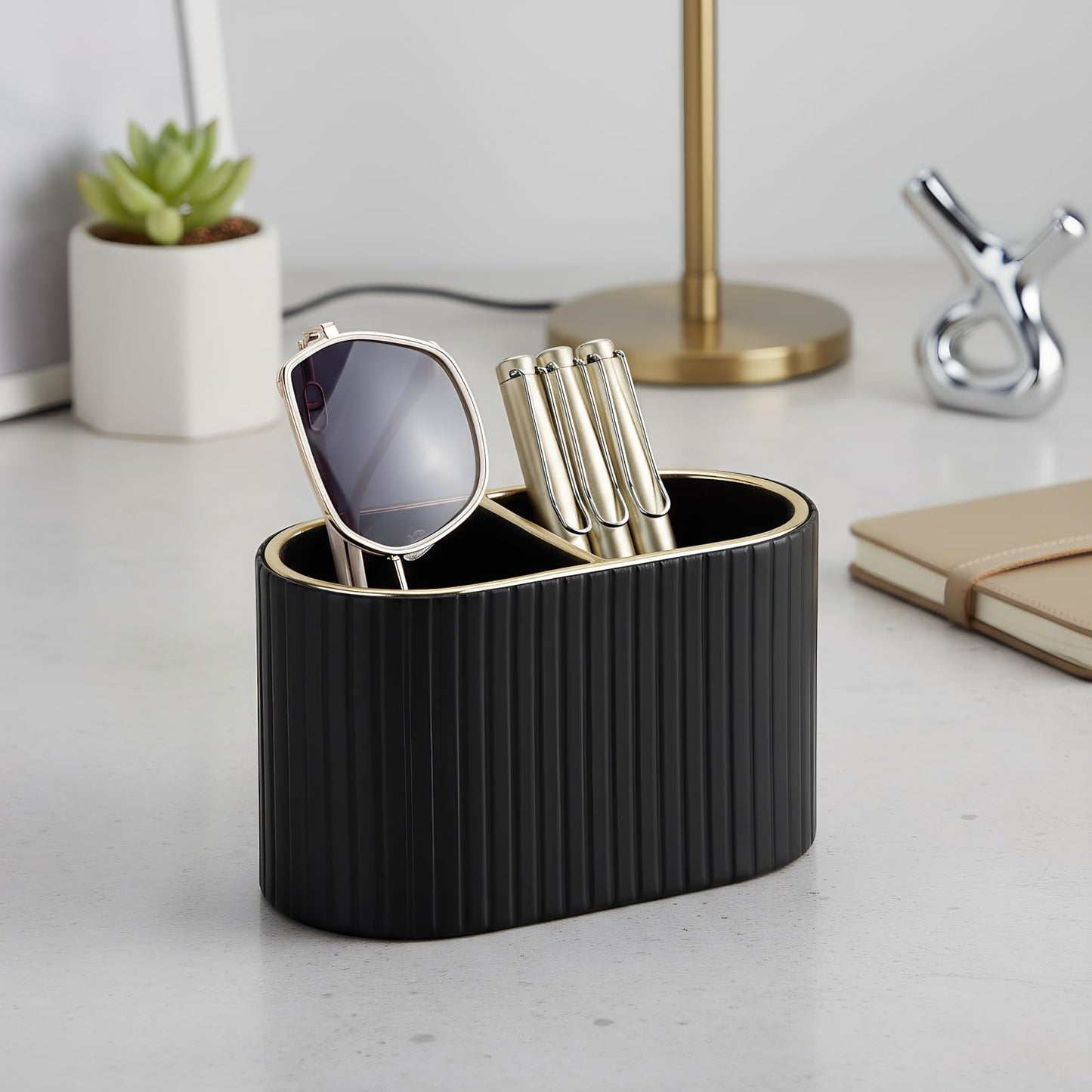 KINGFOM PU Leather Desk Organizer Pen Holder – Dual-Compartment Stylish Pencil Cup Remote Control Holder Desktop Supplies and Accessories Organizer Caddy for Office Home School (Black)