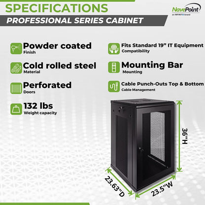 NavePoint 18U Server Rack Enclosure - 23.6” Deep, Wall Mount Network Cabinet with Locking Perforated Door, 19” IT Equipment Compatible, Network Rack, Removable Side Panels, Black