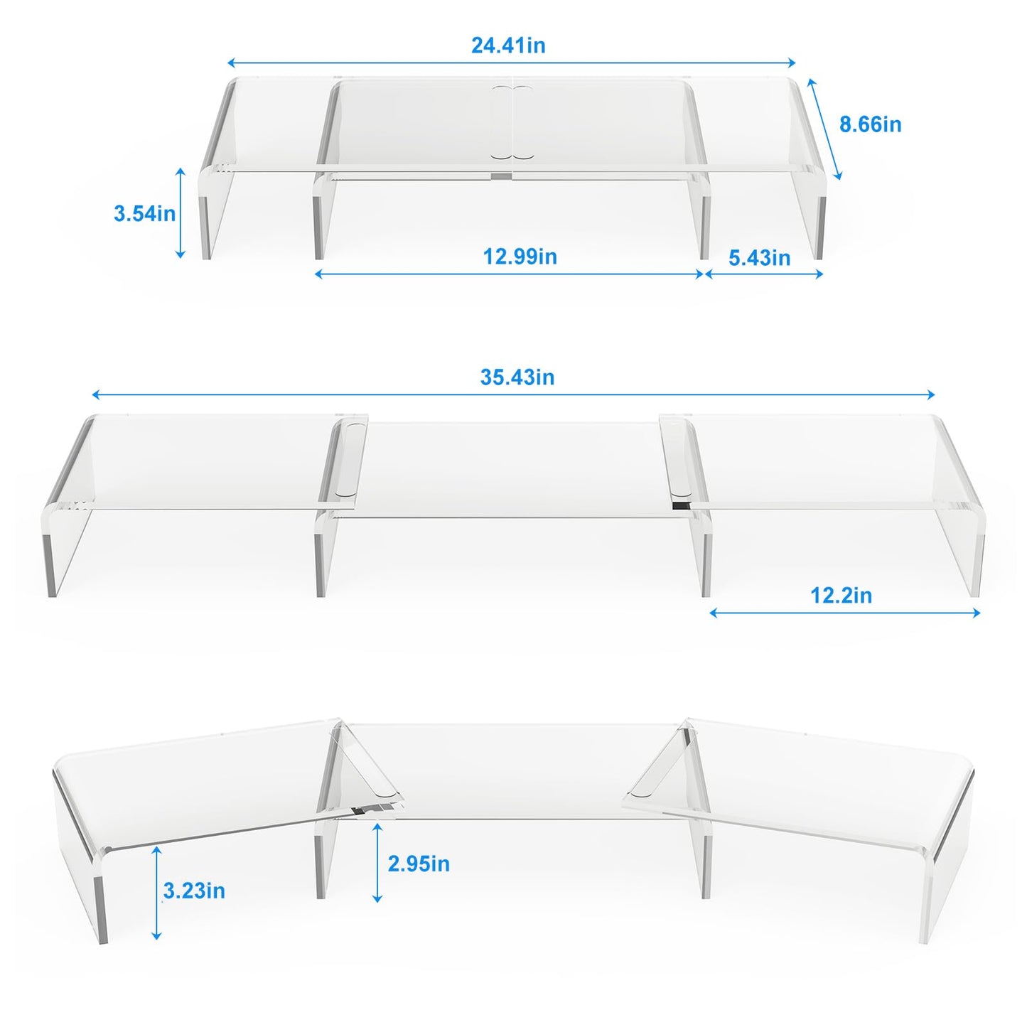 X-cosrack Clear Acrylic Monitor Stand Riser, 3 Shelves Adjustable Dual Monitor Stand with Anti-Slip Mat, Premium Desk Organizer for Home Office, Laptops, PCs, Printers, TVs