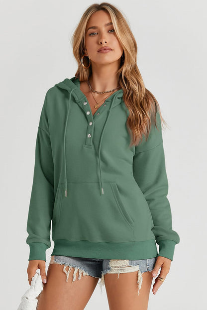 Dokotoo Hoodies for Women Early Fall Fashion Drawstring V Neck Long Sleeve Front Button Collar Hooded Pullover Hoodie with Pockets Winter Sweatshirt Loose Fit Casual Ladies Shirt Tops Green X-Large