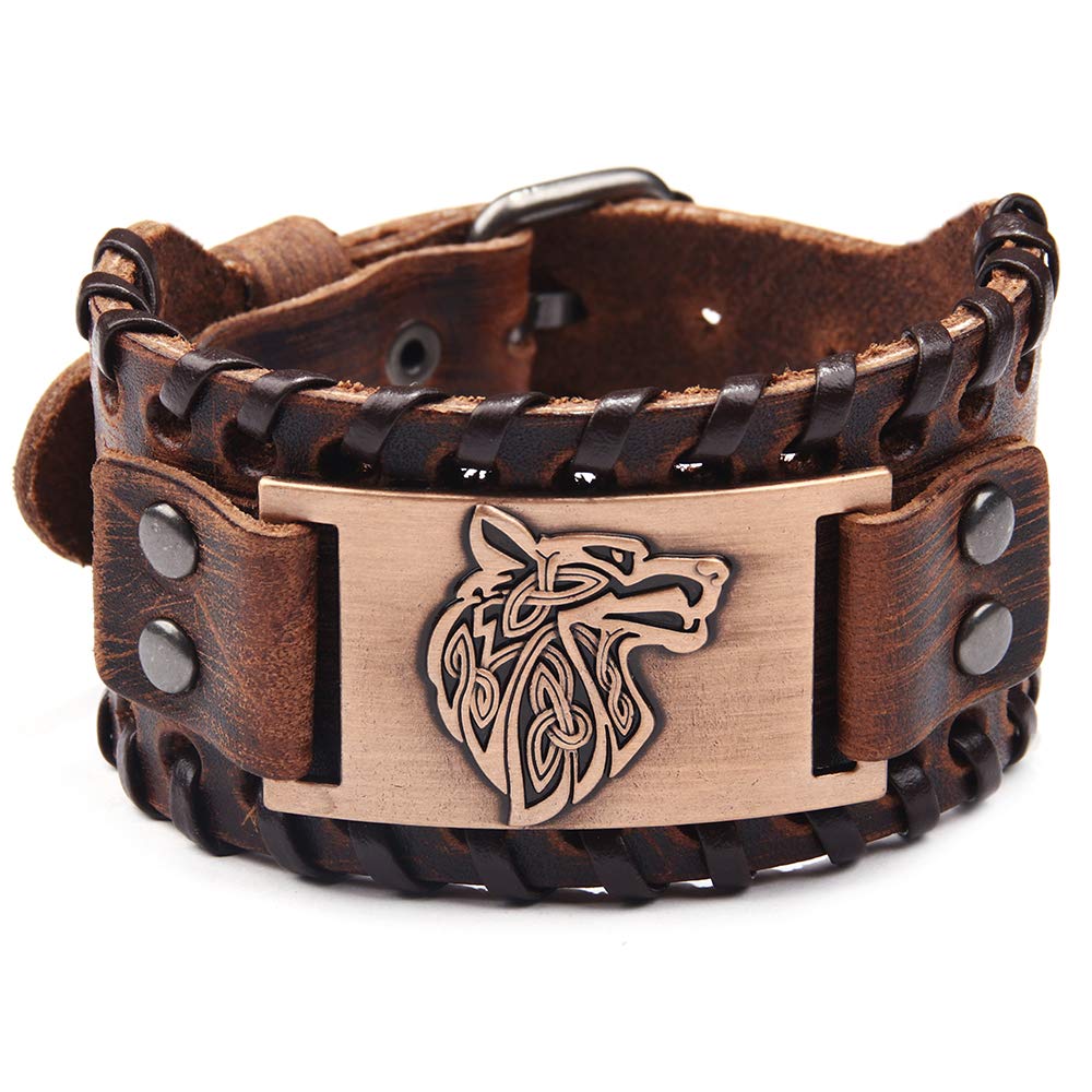 TURTLEDOVE 2 Piece Viking Leather Bracelets - Wolf Fenrir and Odin’s Raven - Medieval Bracelets for Historical