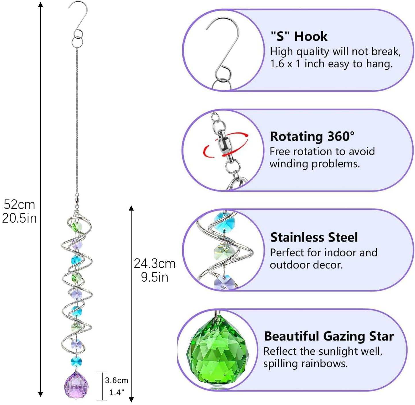 H&D HYALINE & DORA Set of 3 Crystal Sun Catcher for Window Hanging Double-Spiral Gazing Ball Spiral Tail Rainbow Maker Wind Spinners Outdoor for Garden, Patio, Porch, Christmas