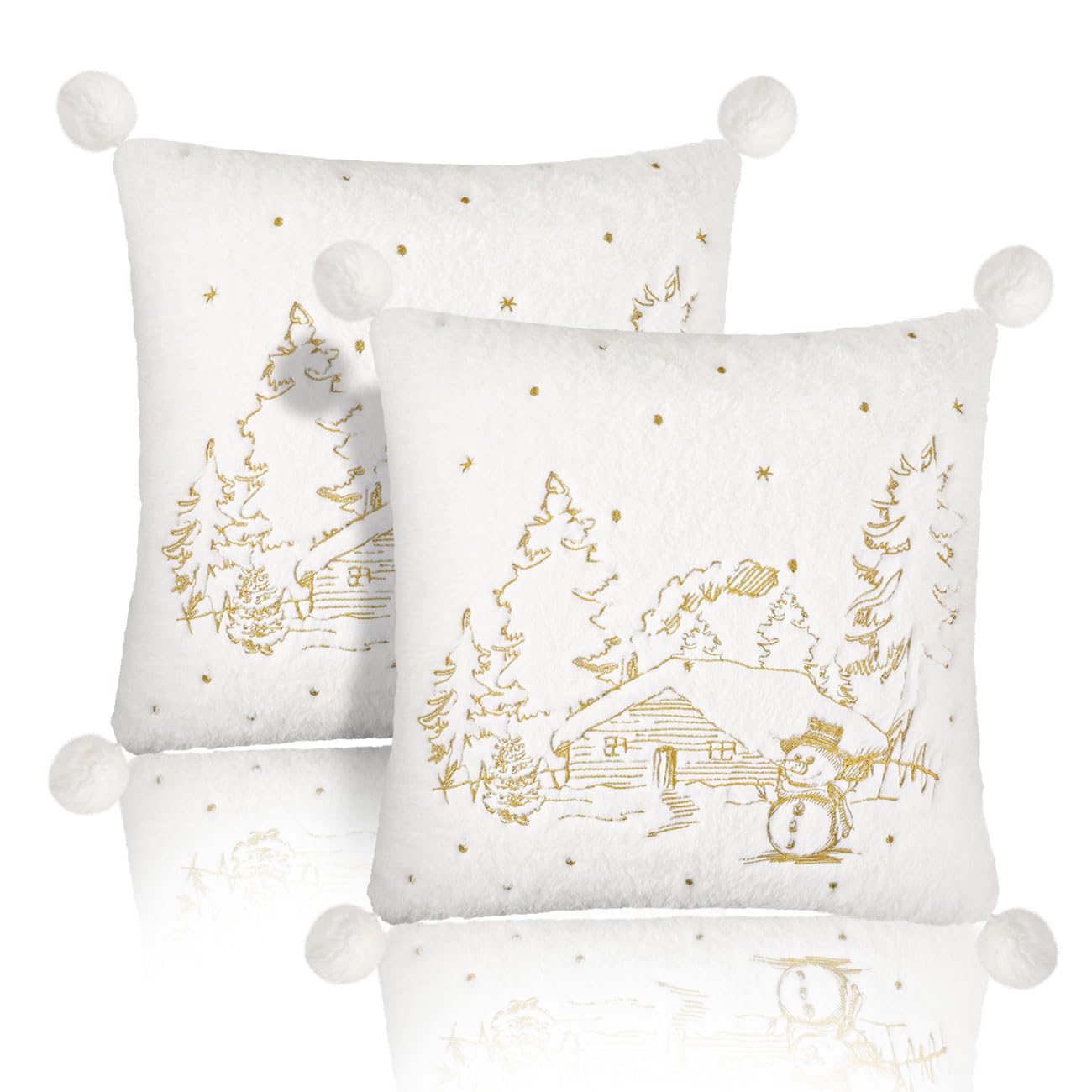 Lewondr Throw Pillow Cover, 18x18 Inch Set of 2 Soft Faux Fur Decorative Pillow Cover with Plush Ball Cute Embroidered Tree House Snowman Throw Pillow Case for Bed Home Decor Living Room, White
