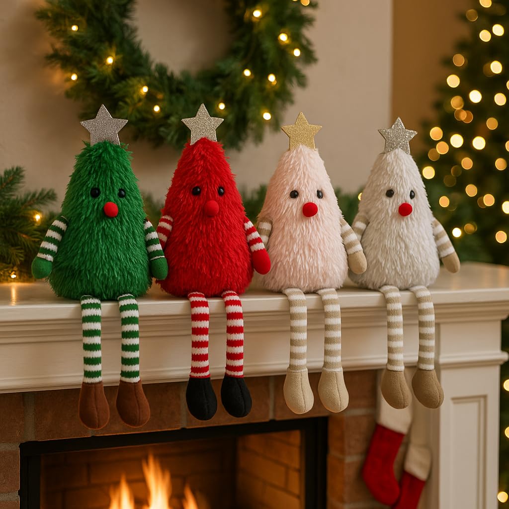 Beaver Rain Cat 4-Pack Christmas Tree Plush Dolls, Festive Stuffed Figurines with Striped Legs & Star Toppers for Holiday Decor