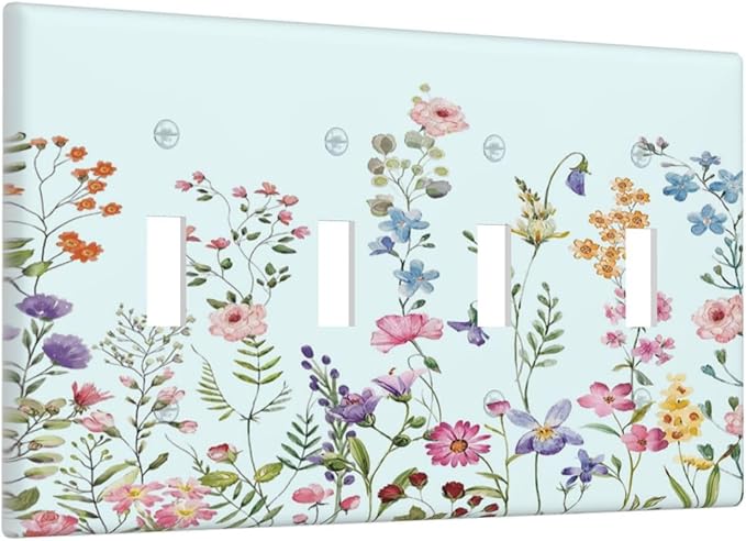 Rustic Wild Floral Vintage Blue Watercolor Flower Quad Toggle Light Switch Covers Decorative Unique 4 Gang Wall Plate Electrical Faceplate Switchplate for Bedroom Bathroom Decor