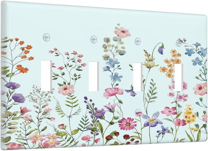 Rustic Wild Floral Vintage Blue Watercolor Flower Quad Toggle Light Switch Covers Decorative Unique 4 Gang Wall Plate Electrical Faceplate Switchplate for Bedroom Bathroom Decor