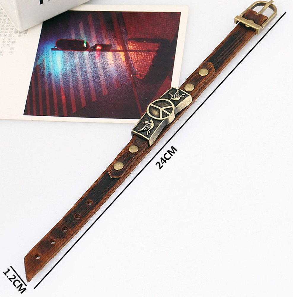 Hamoery Men Punk Leather Buckle World Peace Alloy Cuff Bracelet Bangle Wristband(Peace)