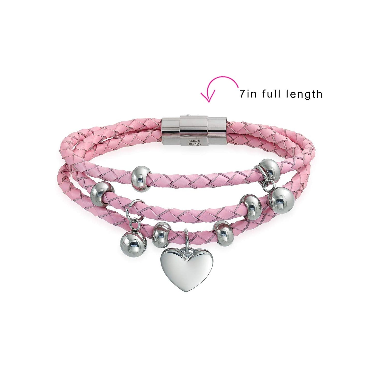 Bling Jewelry Braided Leather Bracelet Pink Heart Charm Double Strand Bracelet Stainless Steel