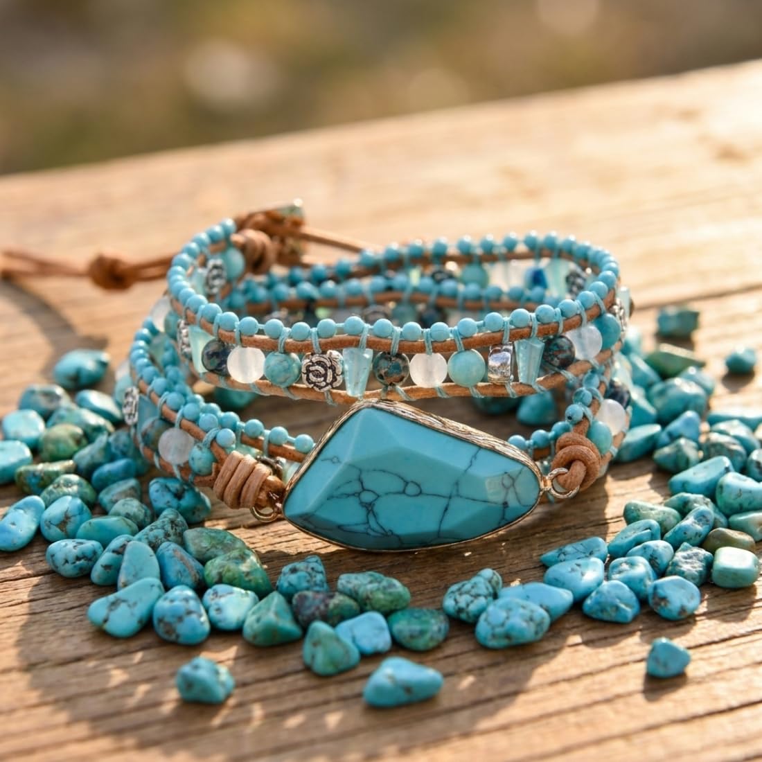 YGLINE Boho Handmade Wrap Leather Tube Crystal Stone Bracelet for Women (Turquoise-3 wrap)