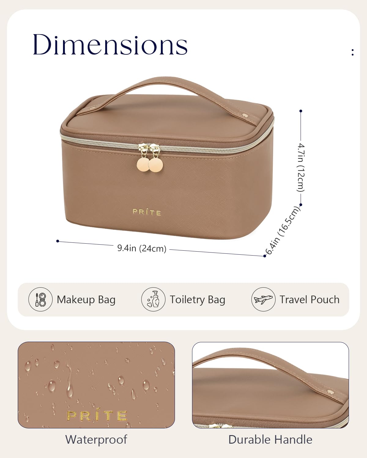 Prite Makeup Bag, Large Capacity Cosmetic Bag for Women and Girls, Waterproof PU Leather Travel Makeup Case, Toiletry Organizer with Handle and Divider for Skincare and Brushes - Brown