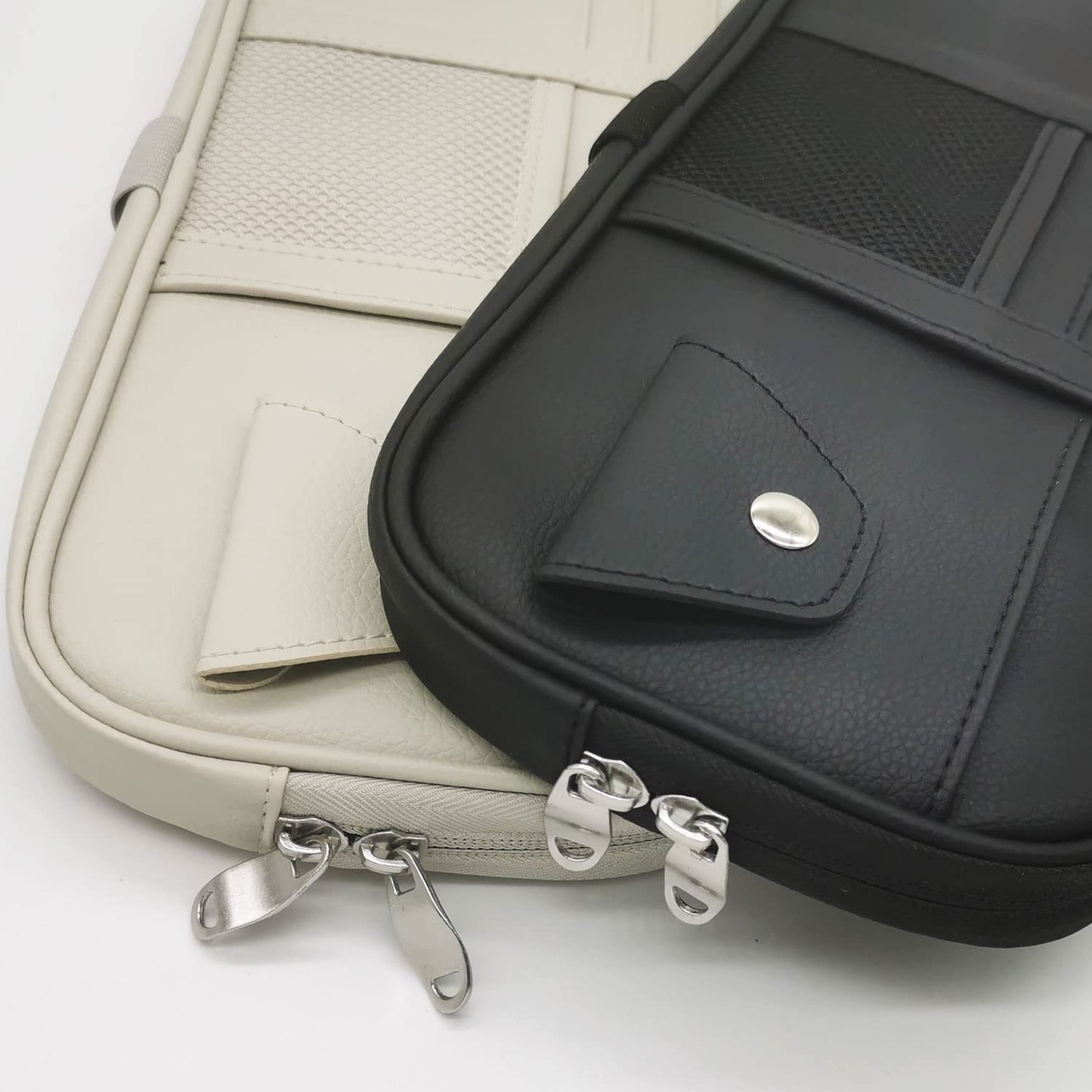 Da by Car Visor Organier Truck SUV Sun Visor Storage Pocket PU Leather Pouch Holder with Multi-Pocket Double Zipper Net Pocket, for Cards Pens Sunglasses Document (Cream Grey)