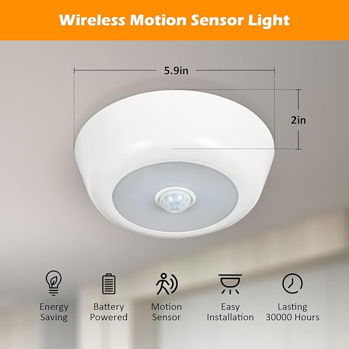 DLLT Battery Powered Motion Sensor Light, Battery Operated LED Ceiling Light with 900LM, Wireless Flush Mount Round Sensor Lighting for Closet Stair Hallway Shower Shed Garage Pantry, (5000K, 3-Pack)