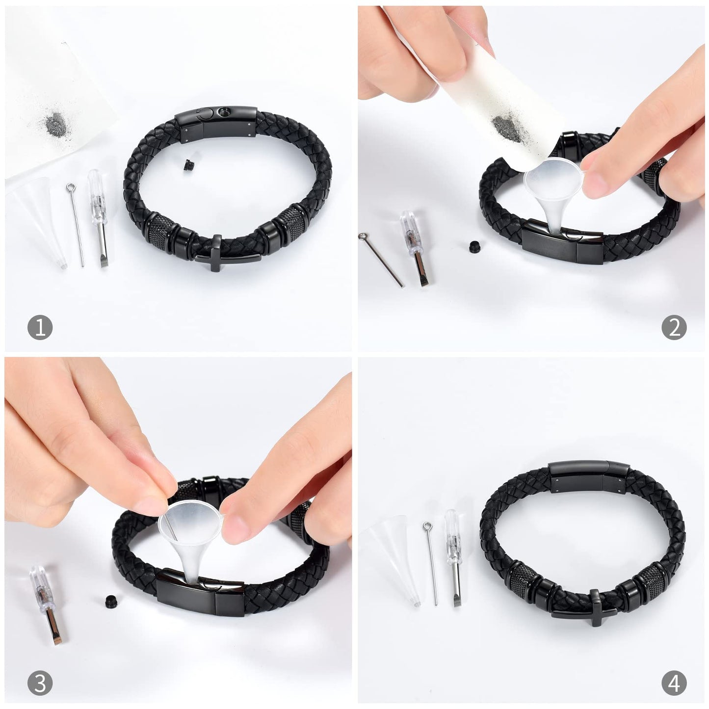 Minicremation Cross Cremation Jewelry Urn Bracelet for Ashes Genuine Leather for Women Men Keepsake Memorial Cuff Bangle Braided Wristband Bracelet for Men (Black-A, 18cm/7.08")
