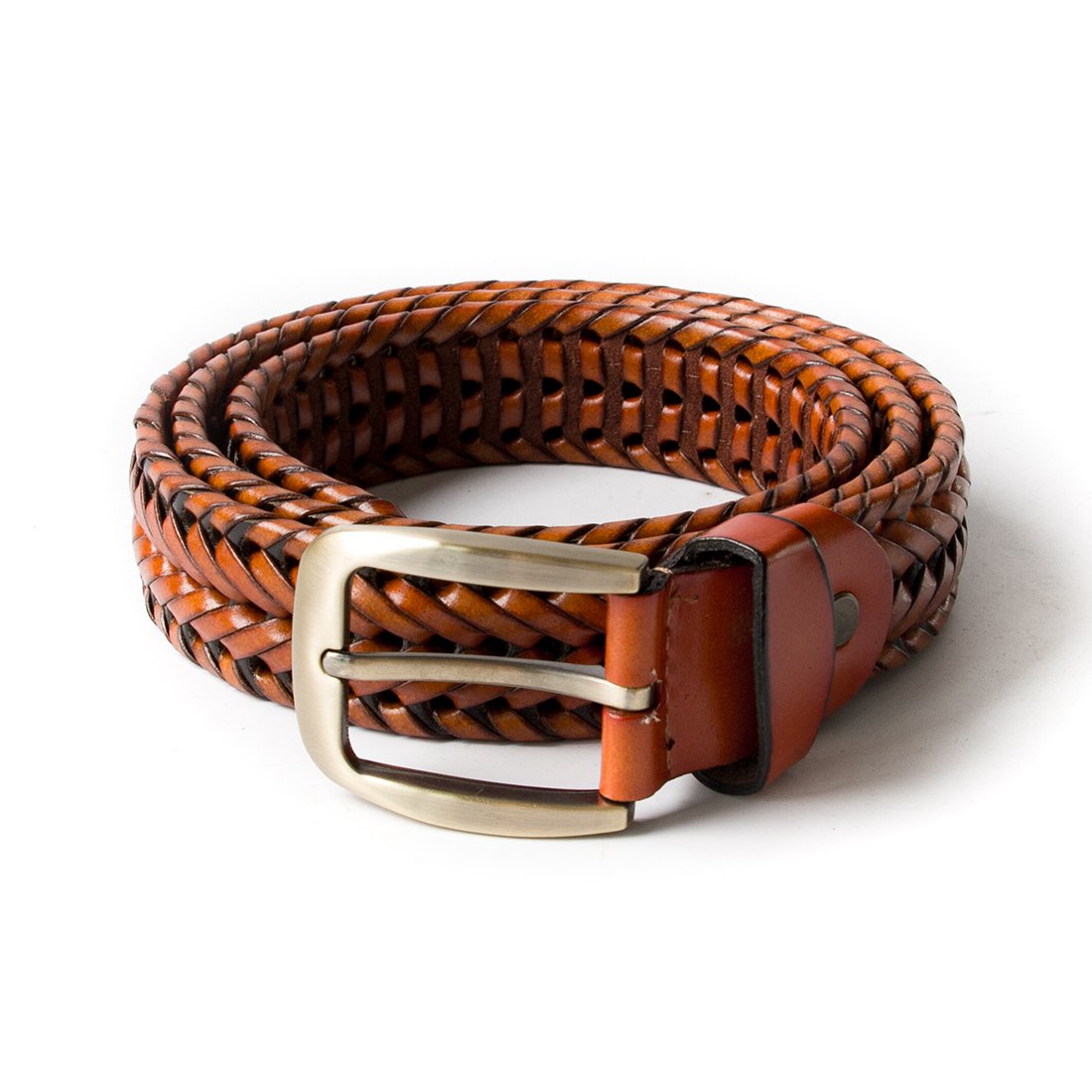 ECHAIN Men Braided Woven Genuine Leather Belt (Waist:34-36, Brown)