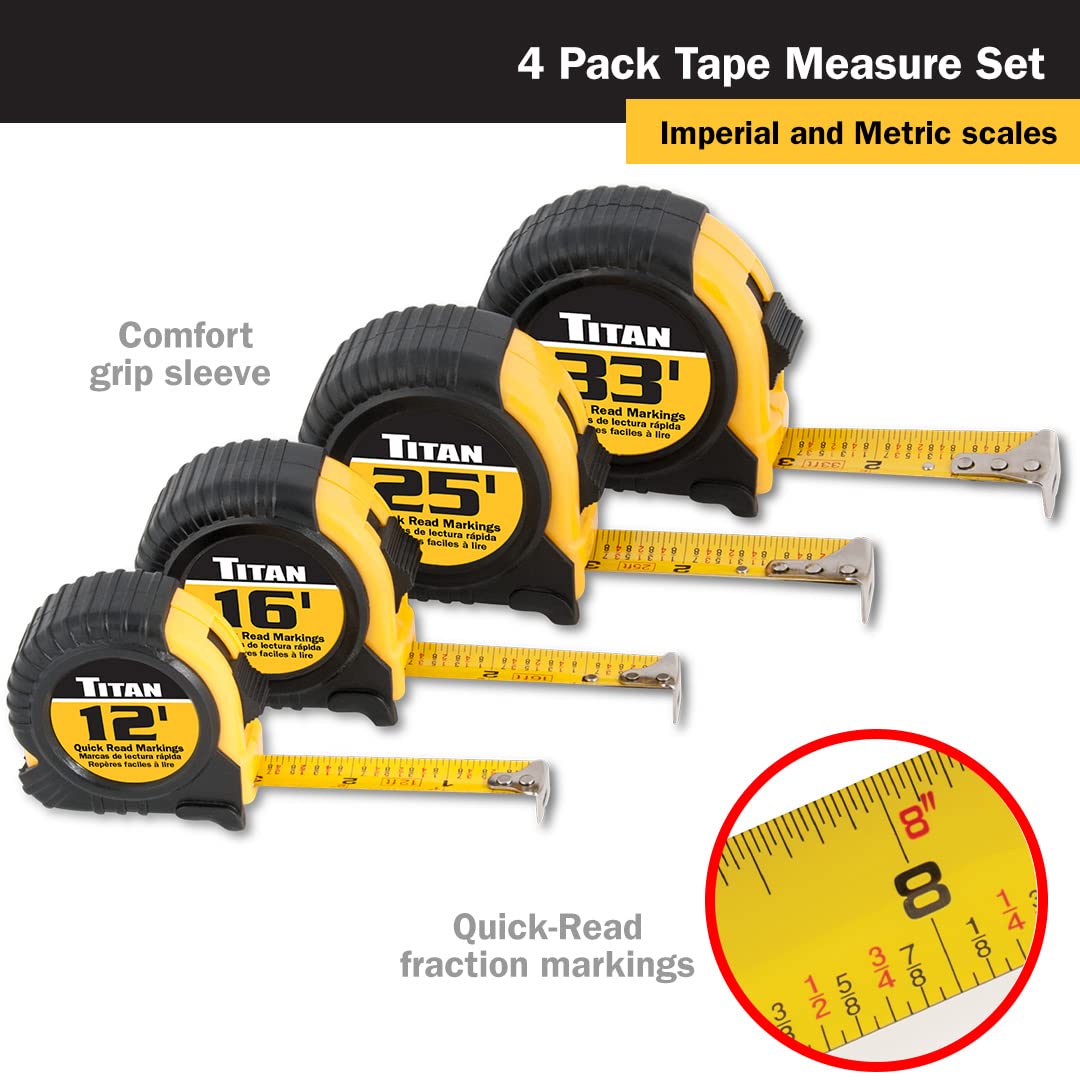Titan 10902 Tape Measure with Easy-Read Standard Markings and Durable Case, 4-Piece Set, 12-Foot, 16-Foot, 25-Foot and 33-Foot