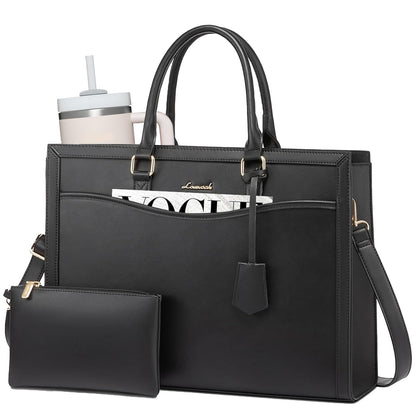 LOVEVOOK Laptop Tote Bag for Women, Leather Office Work Bag Briefcase fit for 15.6 inch Laptop, Large Teacher Computer Bag Handbag,2pcs Set Leather/Black