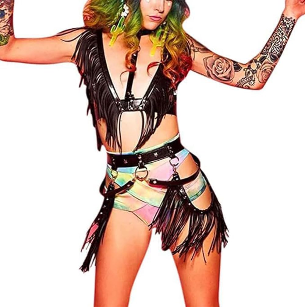 Pinwe Women Body Harness Garter Punk Leather Waist Belts with Fringe Gothic Leg Tassel Belt for Dress Festival Dance Consume