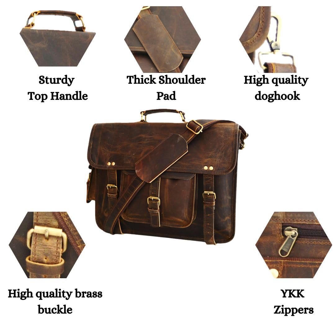 Satchel And Fable 16 inch Leather Messenger bag for men Handmade Vintage Laptop Computer Shoulder Brown Office Briefcase (Dark Brown, 16" L x 12" H x 4" W)