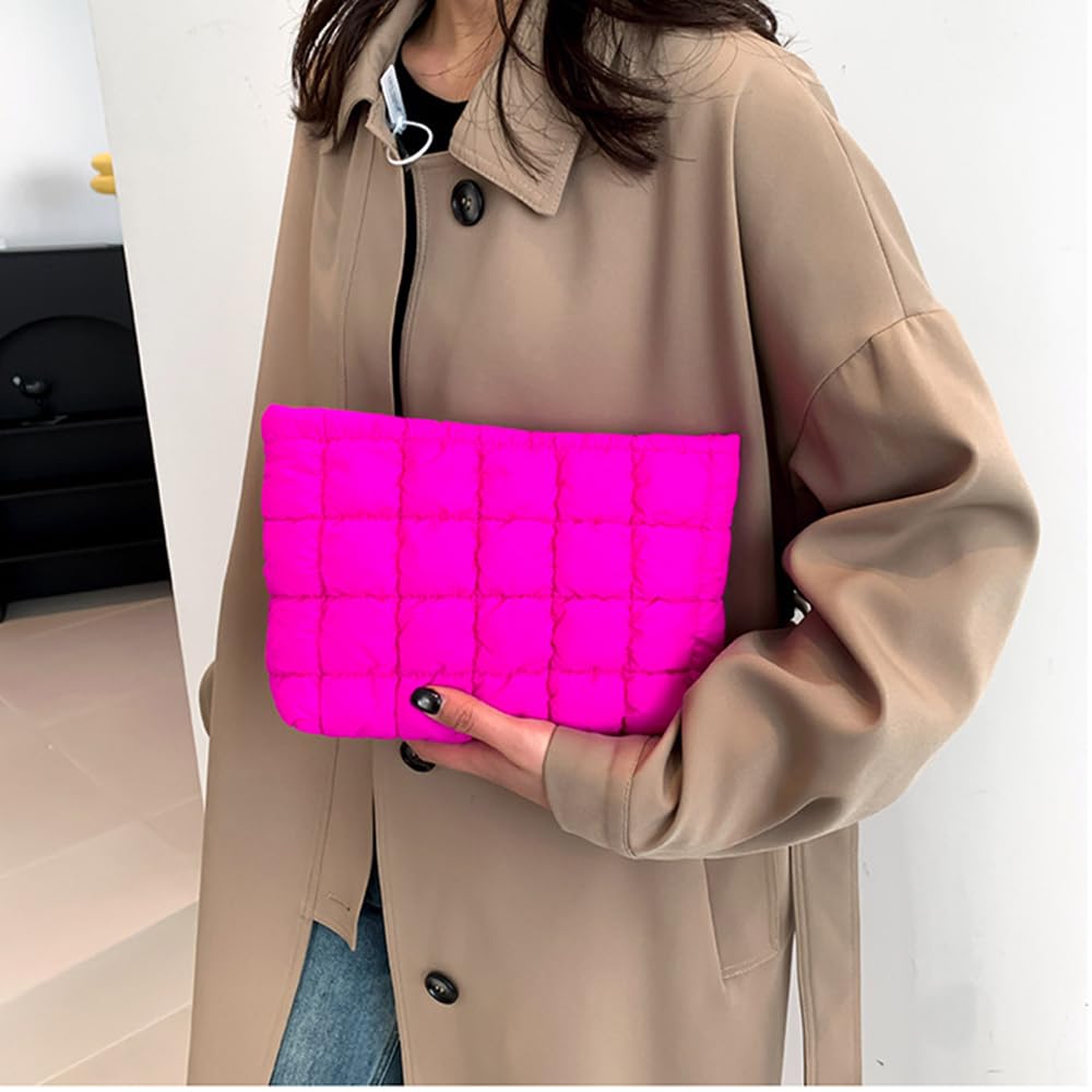 FITINI Makeup Bag Travel Large Portable Quilted Cosmetic Organizer Cute Pouch for Women Soft Puffy Zipper Waterproof Toiletry Storage Bags,Quilting Puff Rose