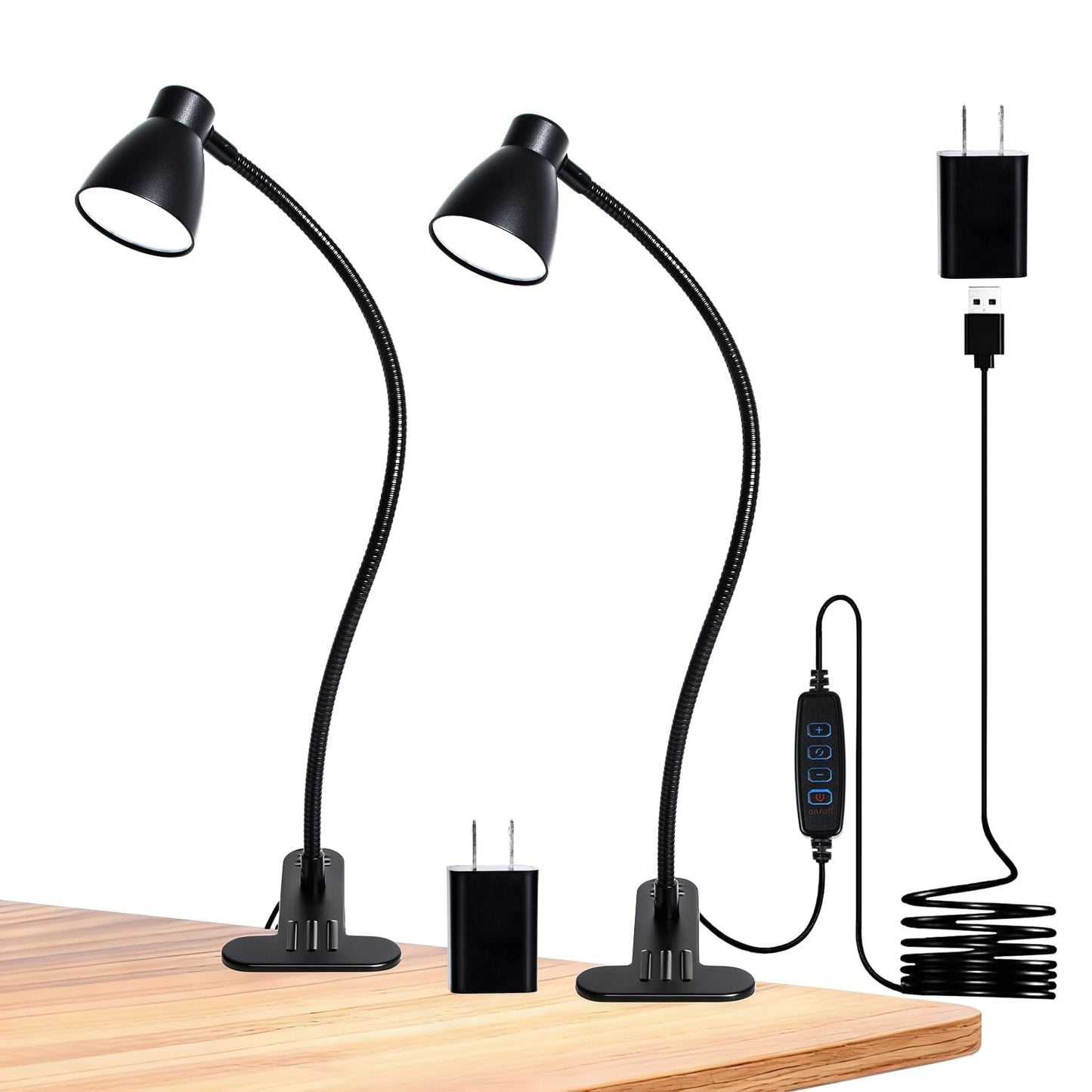 CeSunlight 2 Pack Clip Desk Lamp, Ultra-Flexible Gooseneck Clip Reading Lights, 3000K-6500K Adjustable Color Temperature & Brightness, 6W Eye-Care LED for Office, Study, Bedside(USB Adapter Included)