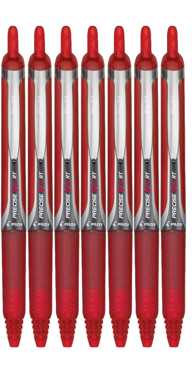 Advantage Gifts Precise V5 RT Retractable Rolling Ball Pens, Extra Fine Point (.5mm), Red Ink, 7-pk; Premium Comfort Grip, Bundle with Plastic Reusable Pouch