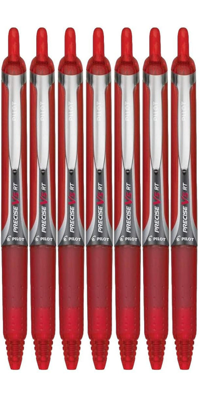 Advantage Gifts Precise V5 RT Retractable Rolling Ball Pens, Extra Fine Point (.5mm), Red Ink, 7-pk; Premium Comfort Grip, Bundle with Plastic Reusable Pouch