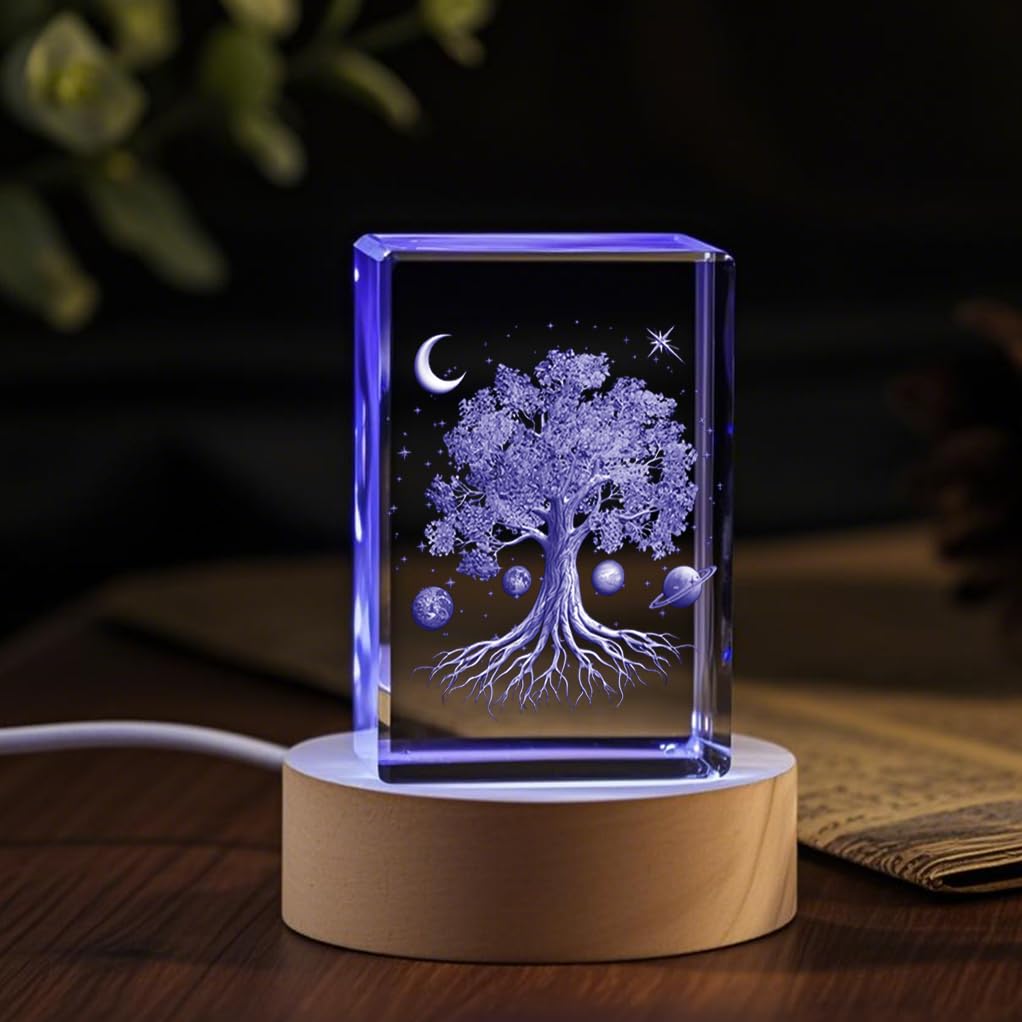 Tree of Life Gifts with Wooden Led Base, 3D Crystal Ball Tree of Life Figurine Night Light Lamp Gifts for Women Wife Girlfriend Couple Her Gift,Graduation Day,Birthday Gift for Kids, Bedroom Decor