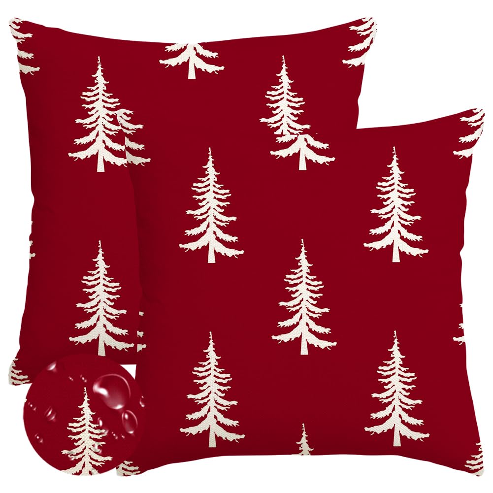 RABUSOFA Christmas Pillow Covers 18x18 inch Set of 2 Indoor Outdoor Waterproof Red Christmas Decor Tree Decorative Throw Cushion Cases Winter Xmas Holiday Decoration for Couch Patio