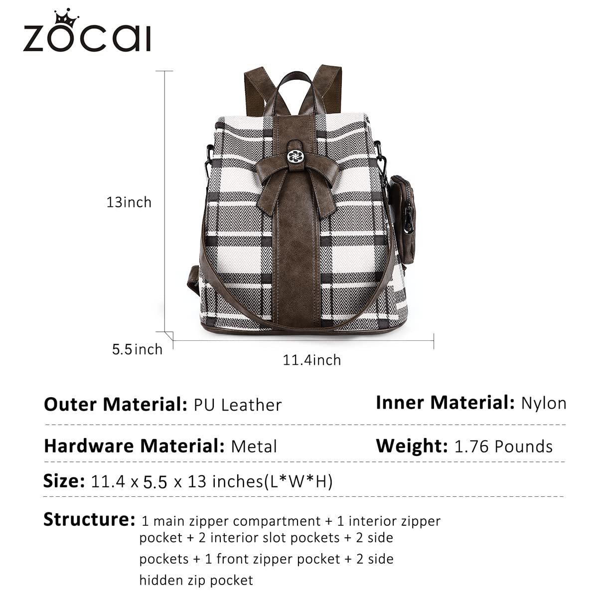 ZOCAI Backpack Purse for Women Fashion Backpack Purses PU Leather Daypacks Anti-Theft Shoulder Bag Satchel Purse(Khaki)