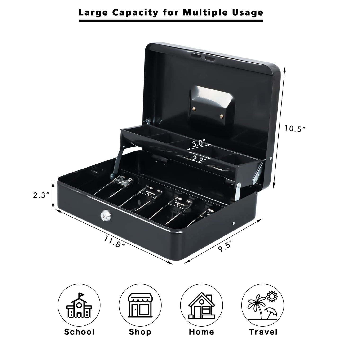xydled Cash Box with Money Tray and Key Lock,Tiered, Cantilever Design,4 Bill / 5 Coin Slots,11.8" x 9.5" x 3.5",Black