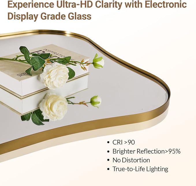 ANDY STAR 24x36 Inch Brushed Brass Scalloped Mirror, Modern Gold Bathroom Mirrors with Unique Notched Edges Design in 1 Inch Stainless Steel Frame Wall Mounted Horizontal/Vertical for Home Decor