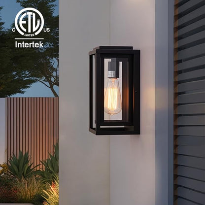 Cerdeco 12” Modern Outdoor Wall Sconce with Rectangular Metal Frame and Transparent Glass Shade,Black Outdoor Lighting for Garage Porch Patio Pack of 2(ETL Listed)
