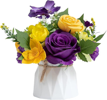 WELL KNOWN Small Fake Flowers in Plastic Vase 7" Centerpieces Coffee Table Decor, Silk Flower Arrangements for Home Decor Indoor Artificial Flower Bouquet for Dining Room Kitchen Wedding Yellow Purple