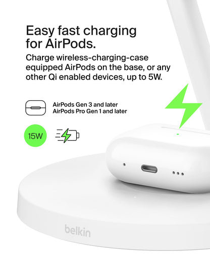 Belkin MagSafe-Compatible Charger, 3-in-1 Wireless Charging Station, Qi2-Certified 15W Wireless Charge for Apple iPhone 17 Series, Apple Watch, AirPods w/Non-Slip Base, 40W Included - Black