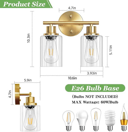 2-Light E26 Bathroom Light Fixtures, Modern Brushed Gold Vanity Lights for Bathroom with Clear Glass Shade, Mirror Kitchen Hallway Cabinet Living Room Sconces Wall Lights