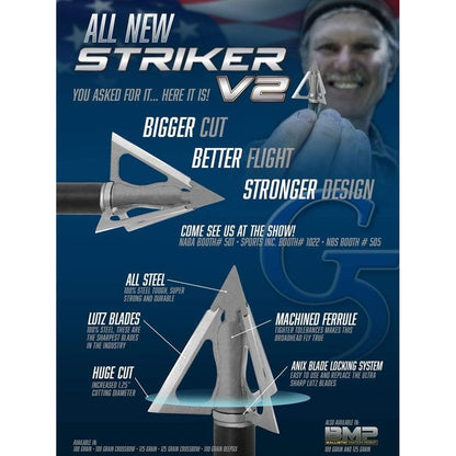 G5 Striker V2 Fixed 3-Blade Broadhead - Archery Hunting Steel Ferrule 125 Grain 1.25" Cutting Diameter Broadhead - Crossbow Version