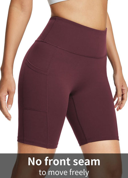 baleaf Biker Shorts Women Yoga Gym Workout Spandex Running Volleyball Tummy Control Compression with Pockets Soft 8" Wine Red L
