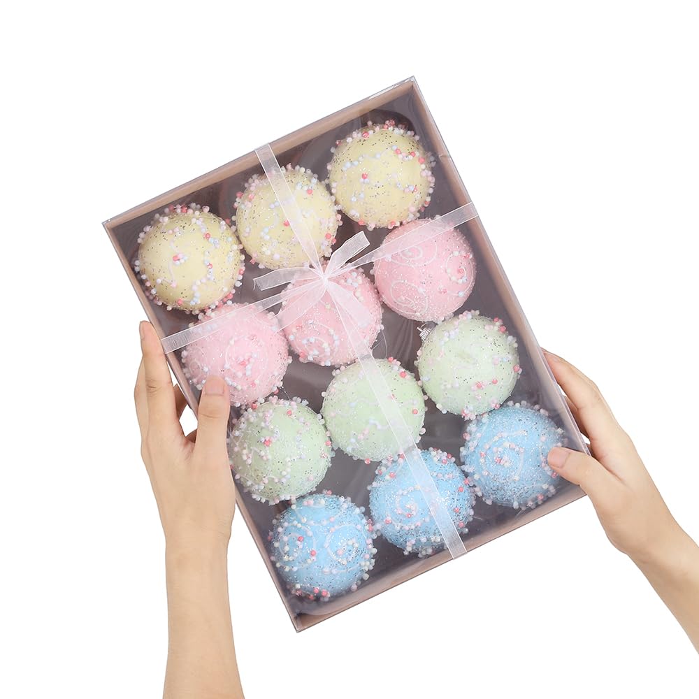 Pastel Christmas Tree Ornaments Decorations, 12 Pcs 3.1 Inch Macaron Shatterproof Foam Christmas Ball Ornaments Set, Christmas Tree Hanging Pendants Xmas Tree Decoration
