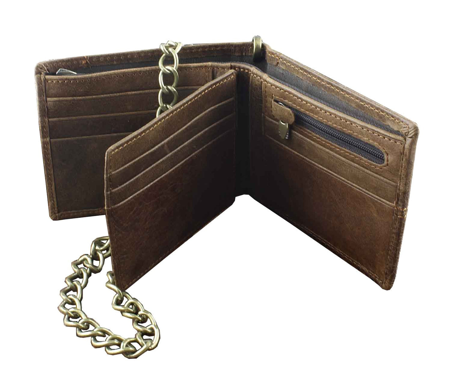 punkman2000 New Vintage Brown Leather Wallet With Chain Mens Bifold/Many Card Holder