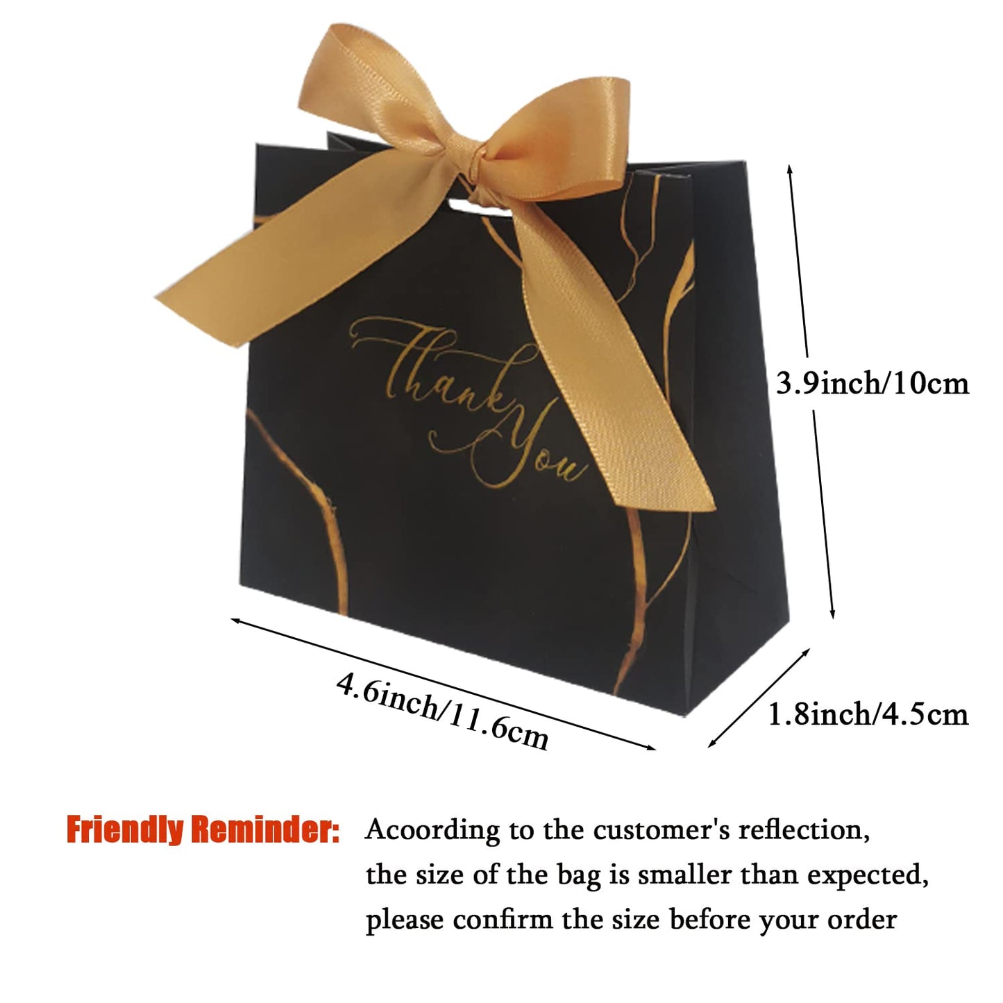 DECHISY 30Pack Small Thank You Gift Bags,Marble Pattern Party Favor Bags with Gold Bow Ribbon,4.5x1.8x3.9Inches,Paper Bags for Birthday Wedding Bridesmaid Holiday Valentines Day (Black)